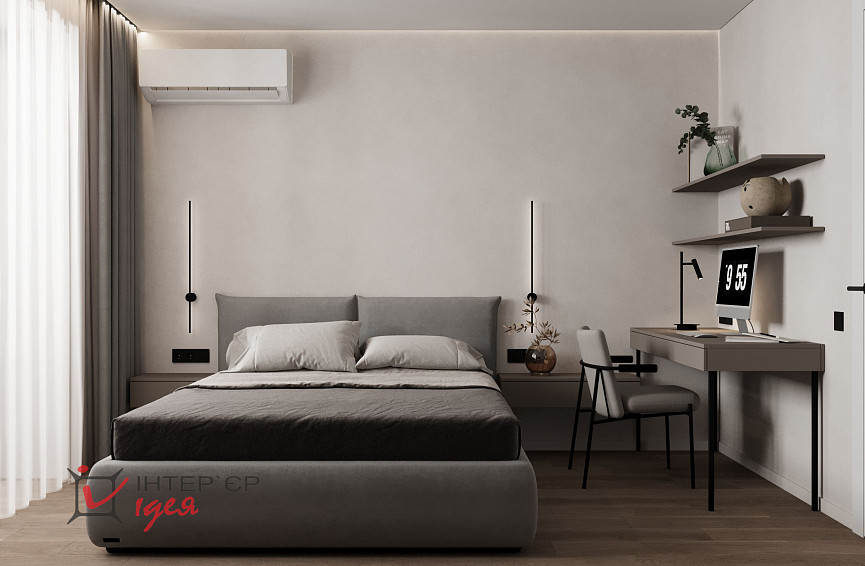Минималистичная спальня с рабочим местом в ЖК «Парковый квартал»