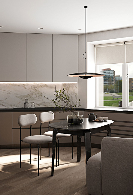 Кухня с пятиконечной конфигурацией в ЖК «Парковый квартал»