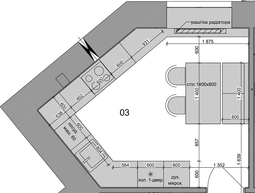 Кухня с пятиконечной конфигурацией в ЖК «Парковый квартал»