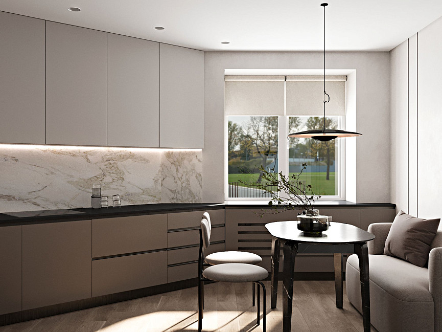 Кухня с пятиконечной конфигурацией в ЖК «Парковый квартал»