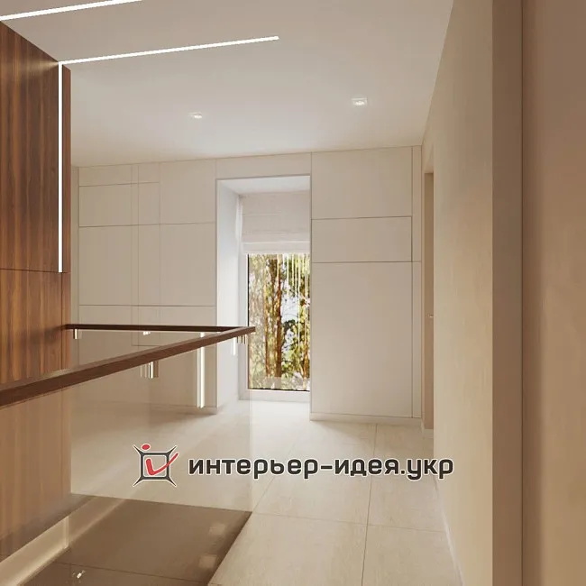 Дизайн коридора в стиле минимализм с «воздушной» лестницей