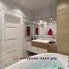 Дизайн ванной в пастельных тонах с акцентами алого